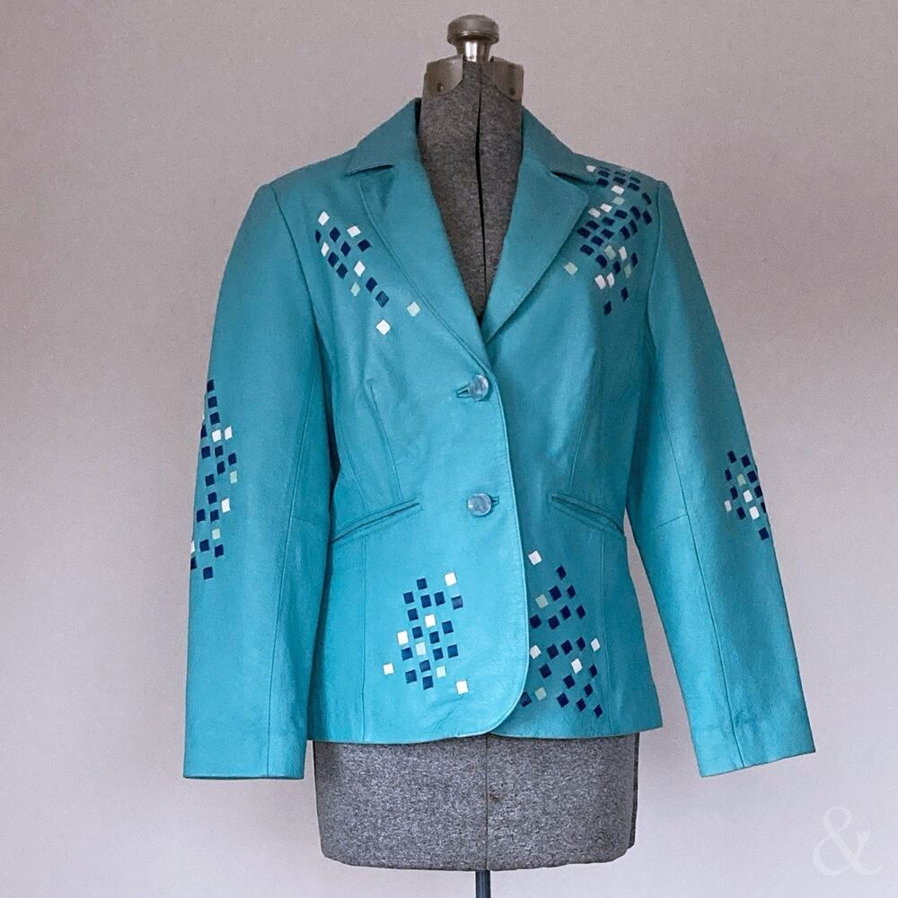 Vintage Jerry Lewis Turquoise Blue Leather Blazer Jacket Embellished Western Y2K
